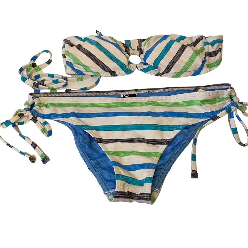 Oakley striped blue green bikini bandeau top tie swim bottom beach surf women XS